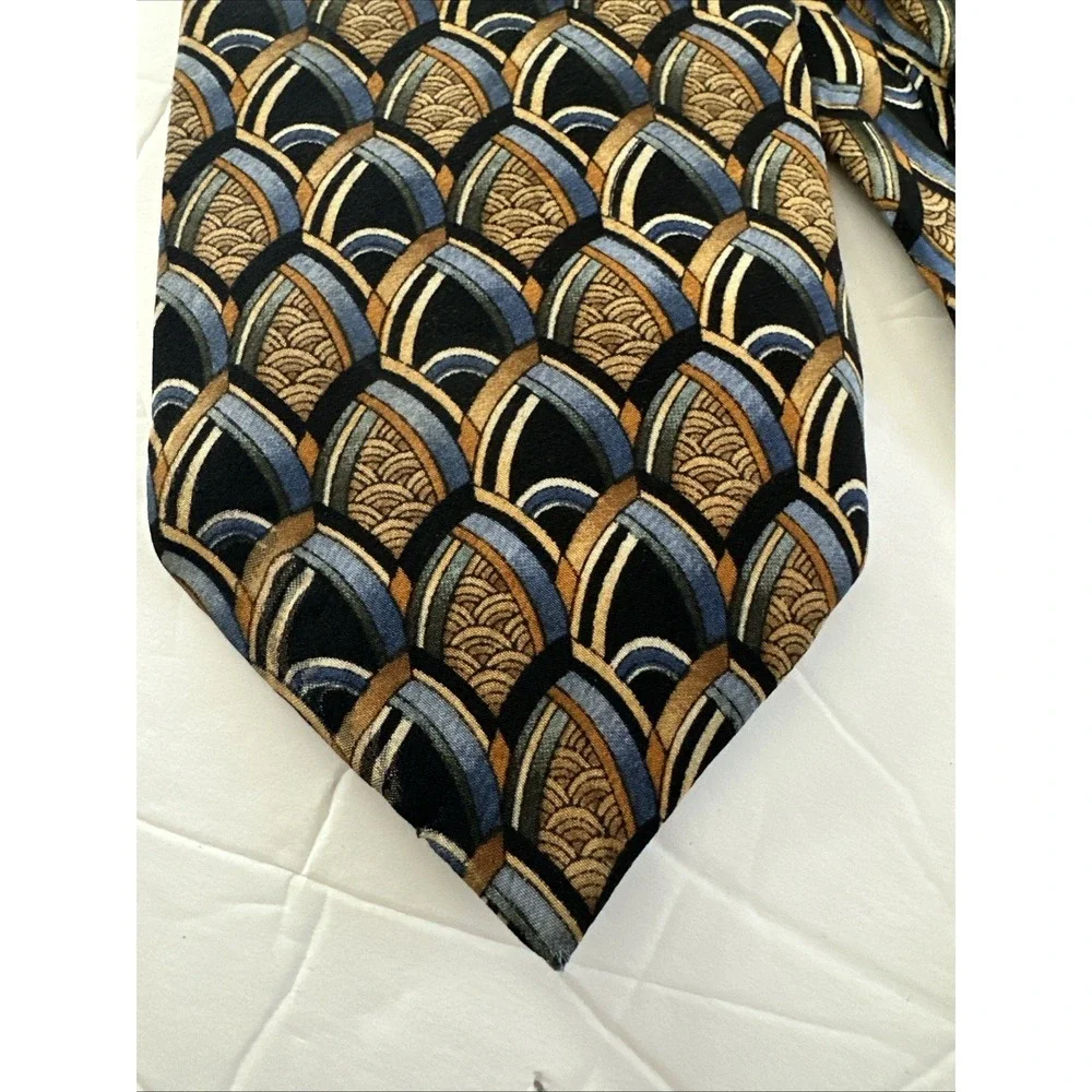 J. Garcia Art-Inspired Silk Tie Blue Gold Geometric Pattern 90s Abstract 3.75x59